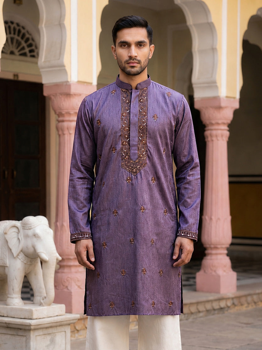 DesiQlo Men Embroidered Kurta Only - Purple - 65KO_5555Purple_S