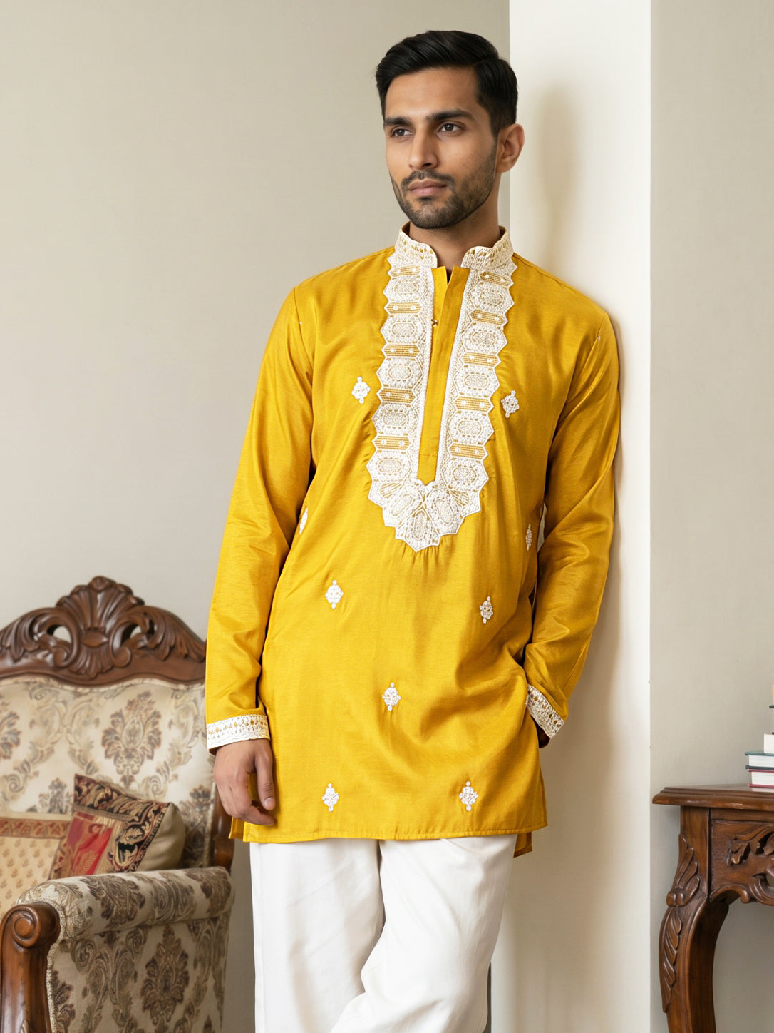 DesiQlo Men Embroidered Kurta Only - Yellow - 65KO_5565Mustard_S