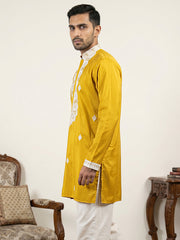Men's Embroidered Silk Blend Kurtas ( 65KO 5565Mustard ) [FF] [A-1-2-3-4]