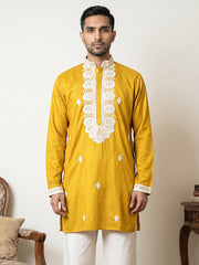 Men's Embroidered Silk Blend Kurtas ( 65KO 5565Mustard ) [FF] [A-1-2-3-4]