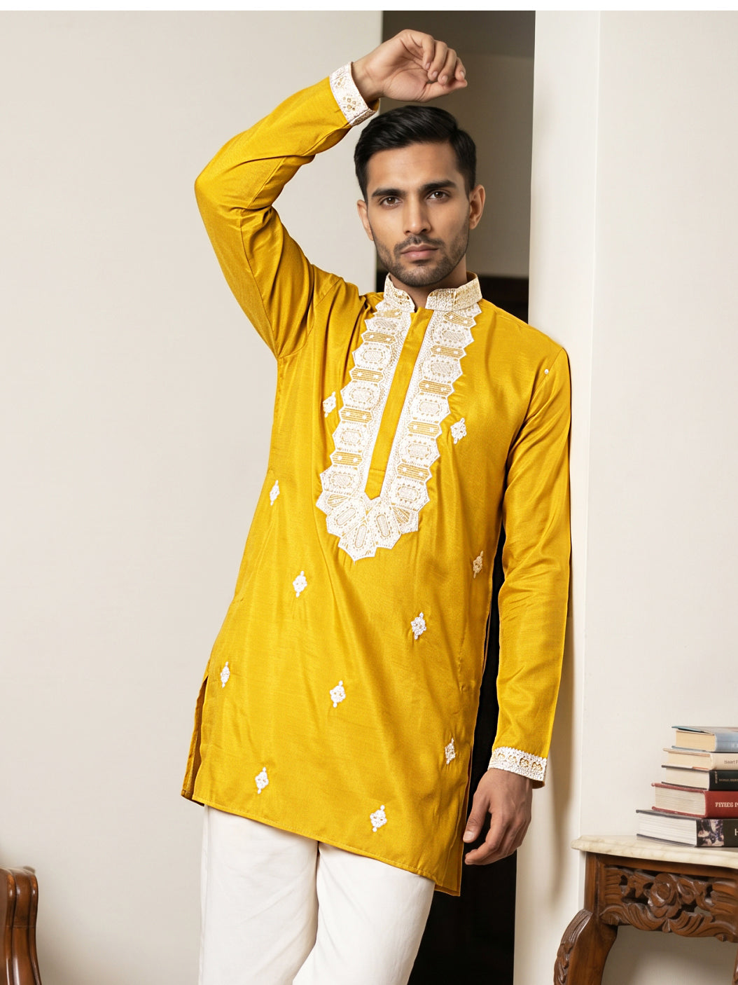 DesiQlo Men Embroidered Kurta Only - Yellow - 65KO_5565Mustard_S