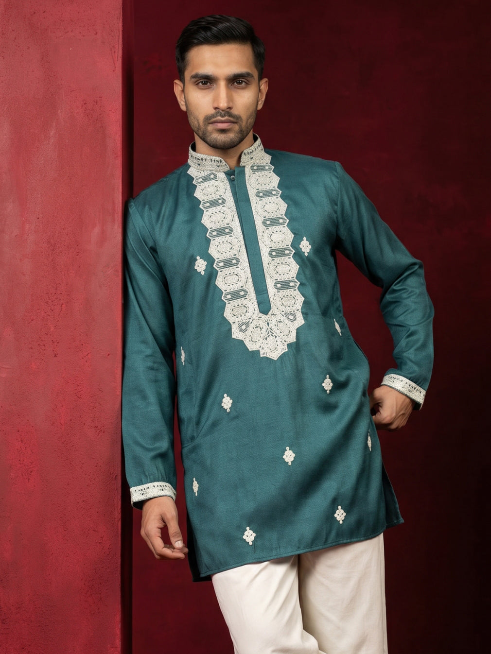 Men's Embroidered Silk Blend Kurtas ( 65KO 5565Peacock ) [FF] [A-1-2-3-4]