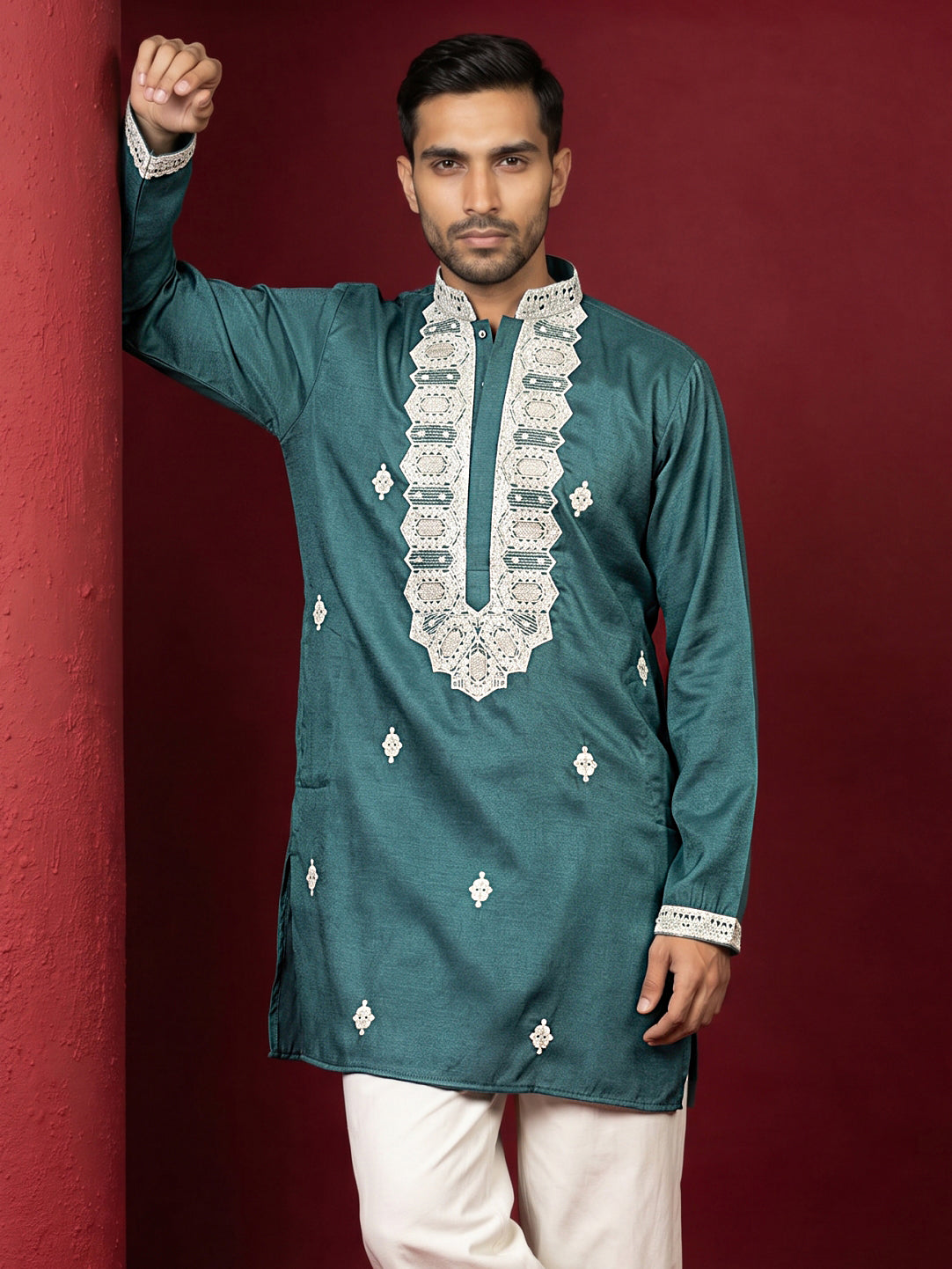 DesiQlo Men Embroidered Kurta Only - Multicolor - 65KO_5565Peacock_S