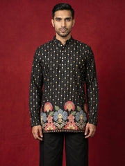 65KO 5566Black - Men's Floral Printed Kurta ( 65KO 5566Black ) [FF] [H-6]