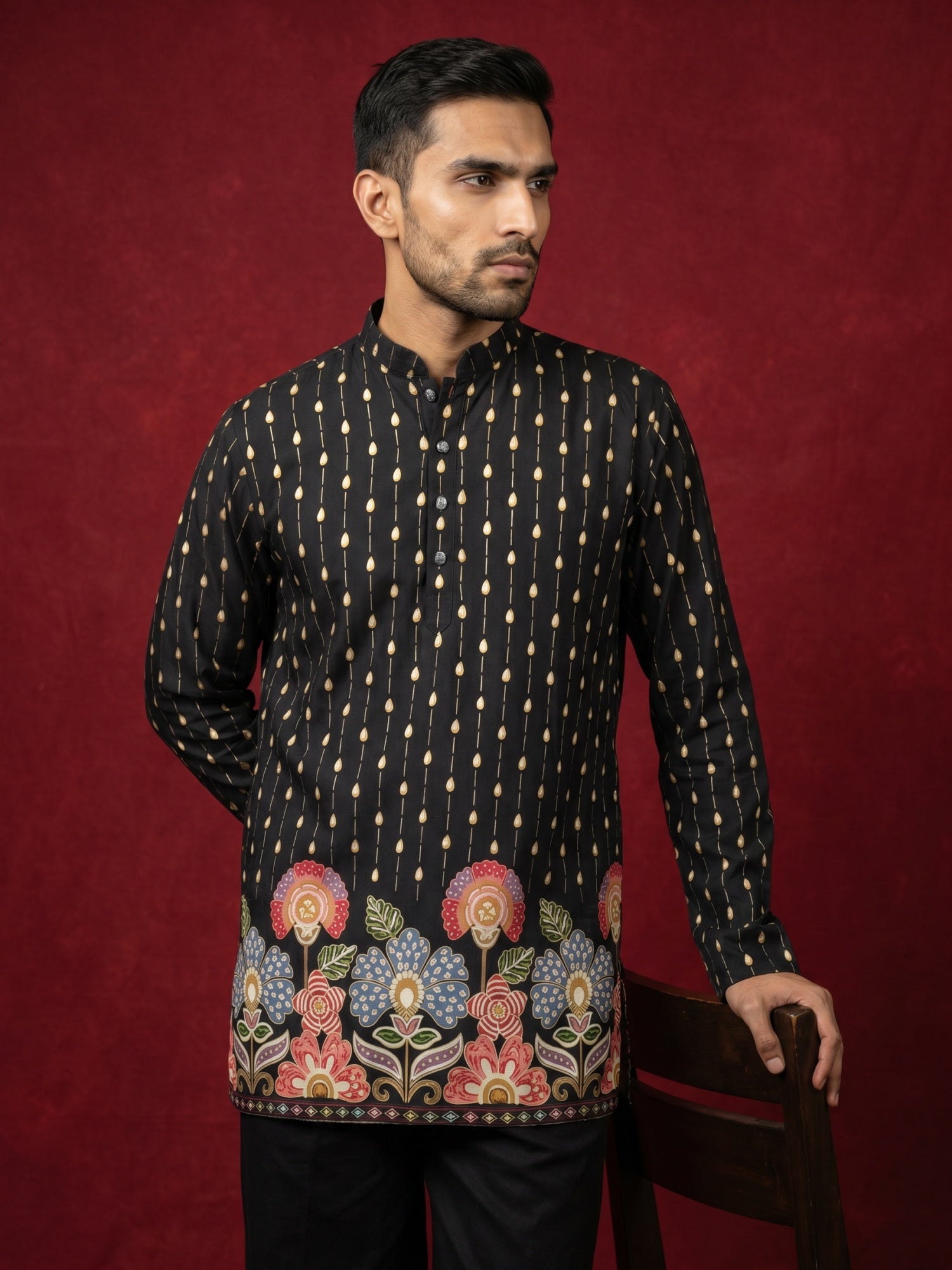 DesiQlo Men Printed Kurta Only - Black - 65KO_5566Black_S