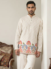 5566White  - Men's Floral Printed Kurta ( 65KO 5566White ) [FF] [H-6]