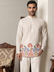 5566White  - Men's Floral Printed Kurta ( 65KO 5566White ) [FF] [H-6]