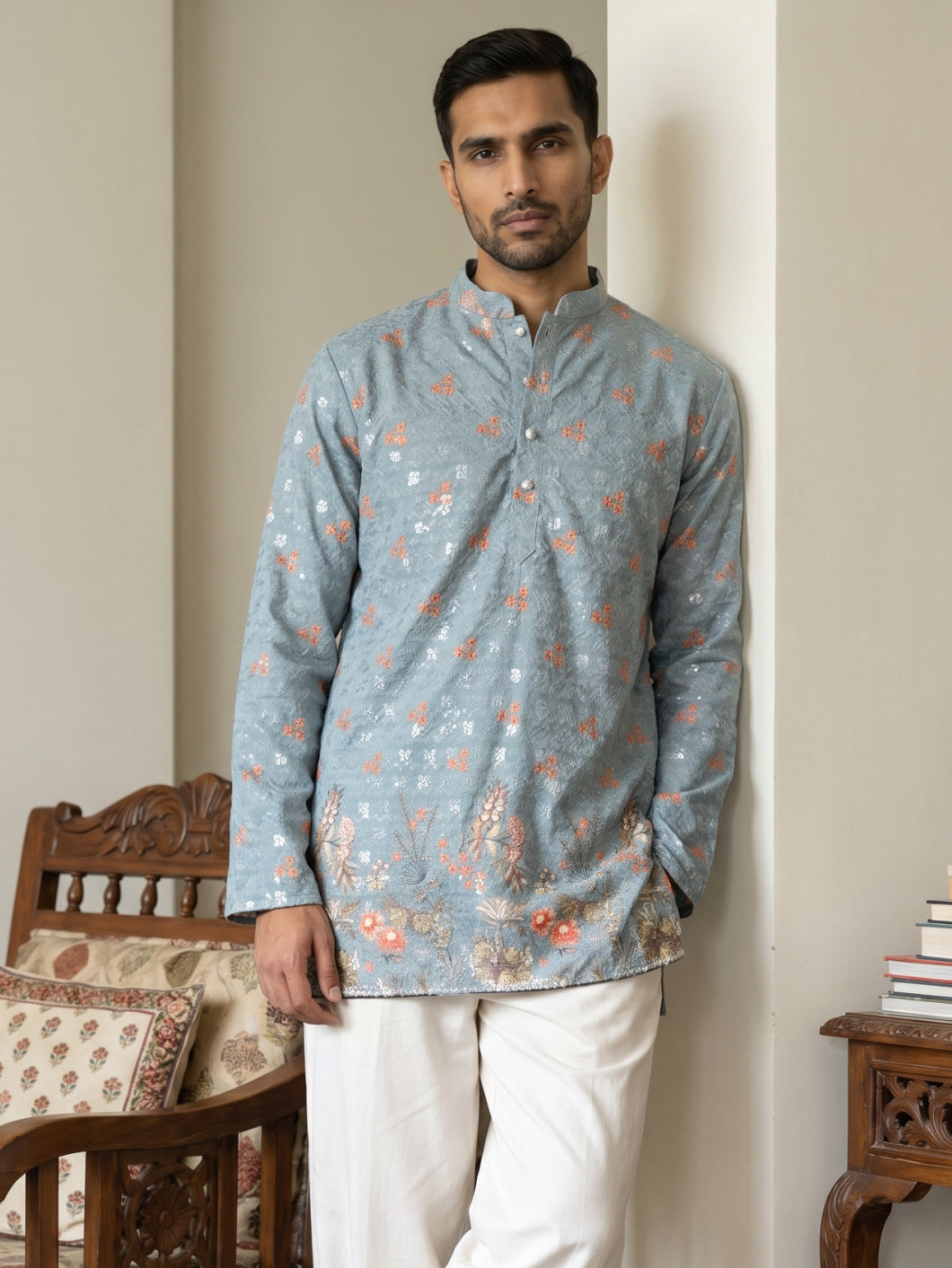 DesiQlo Men Printed Kurta Only - Blue - 65KO_5567Blue_S