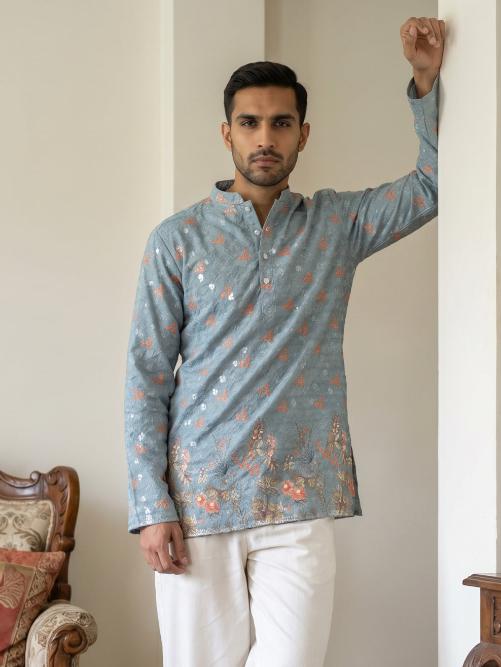 DesiQlo Men Printed Kurta Only - Blue - 65KO_5567Blue_S