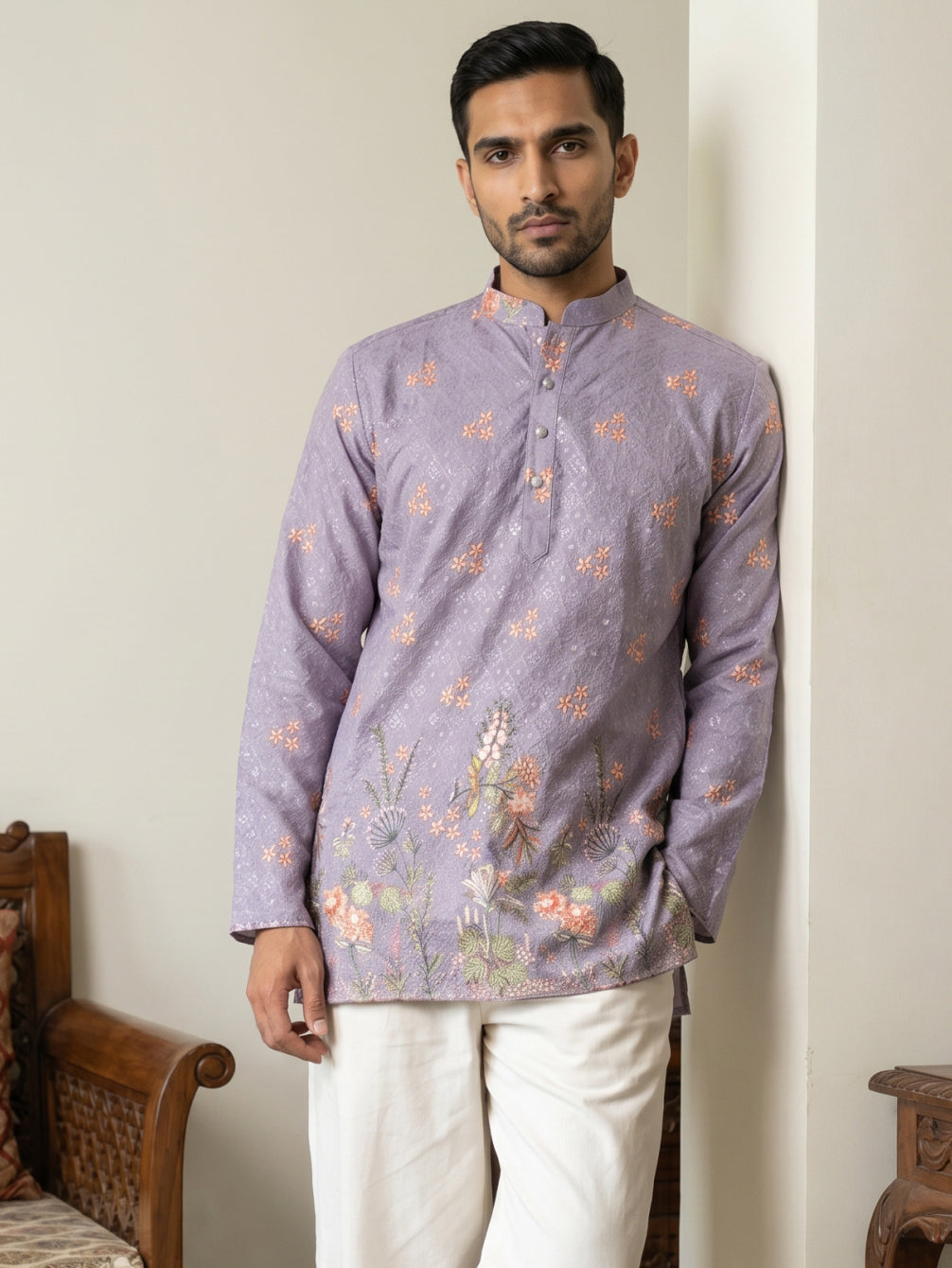 DesiQlo Men Printed Kurta Only - Purple - 65KO_5567Purple_S