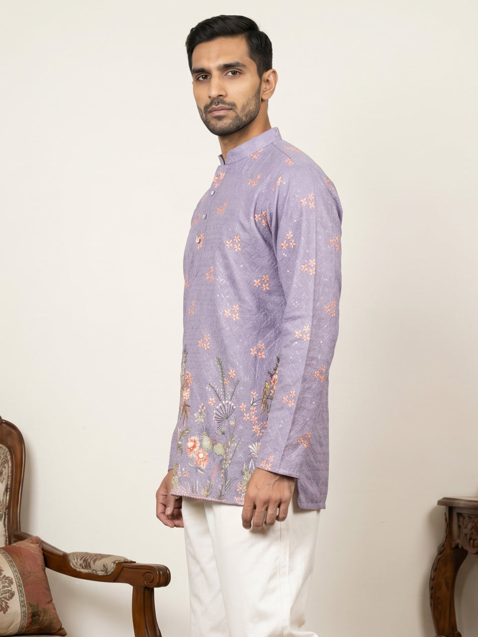 DesiQlo Men Printed Kurta Only - Purple - 65KO_5567Purple_S