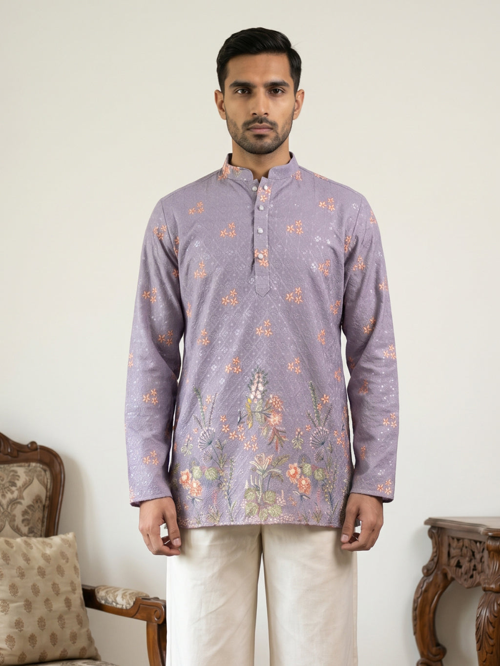 DesiQlo Men Printed Kurta Only - Purple - 65KO_5567Purple_S