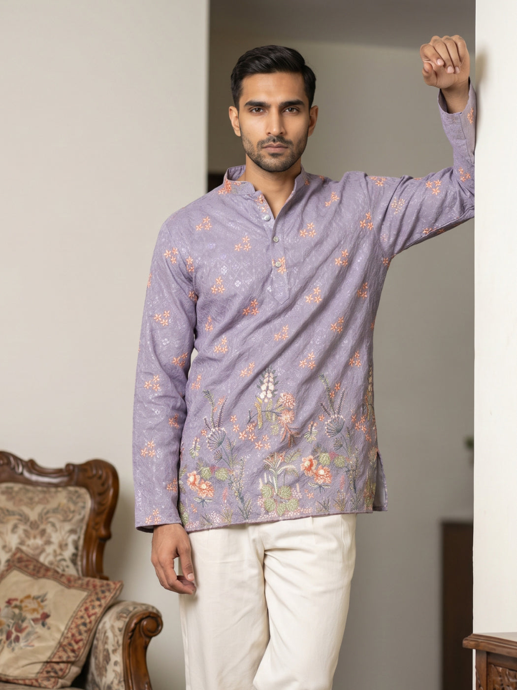 DesiQlo Men Printed Kurta Only - Purple - 65KO_5567Purple_S