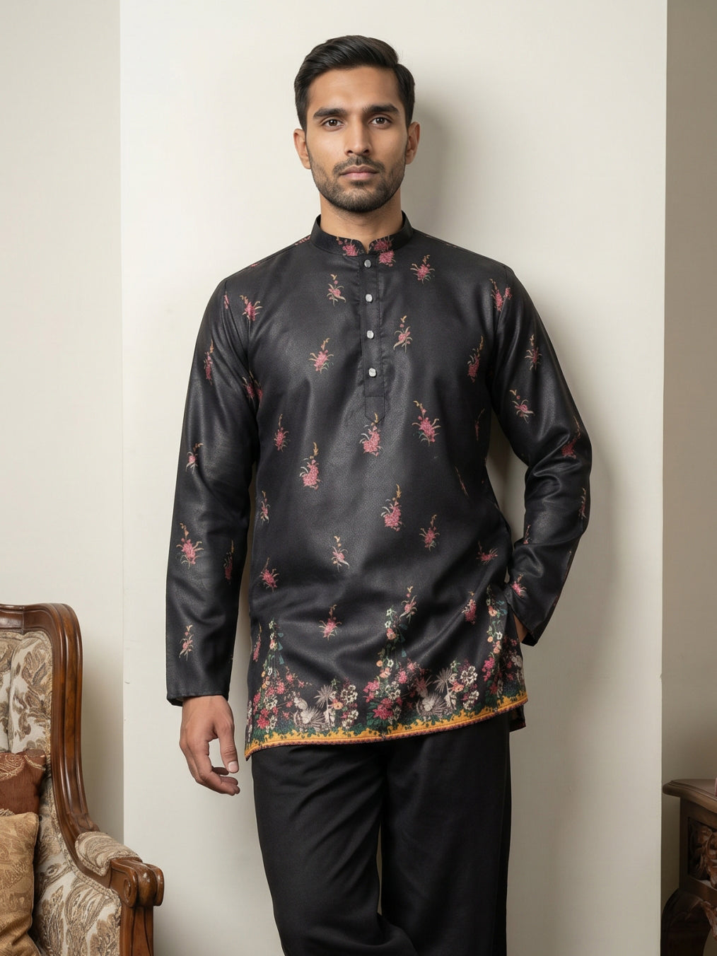 DesiQlo Men Printed Kurta Only - Black - 65KO_5568Black_S