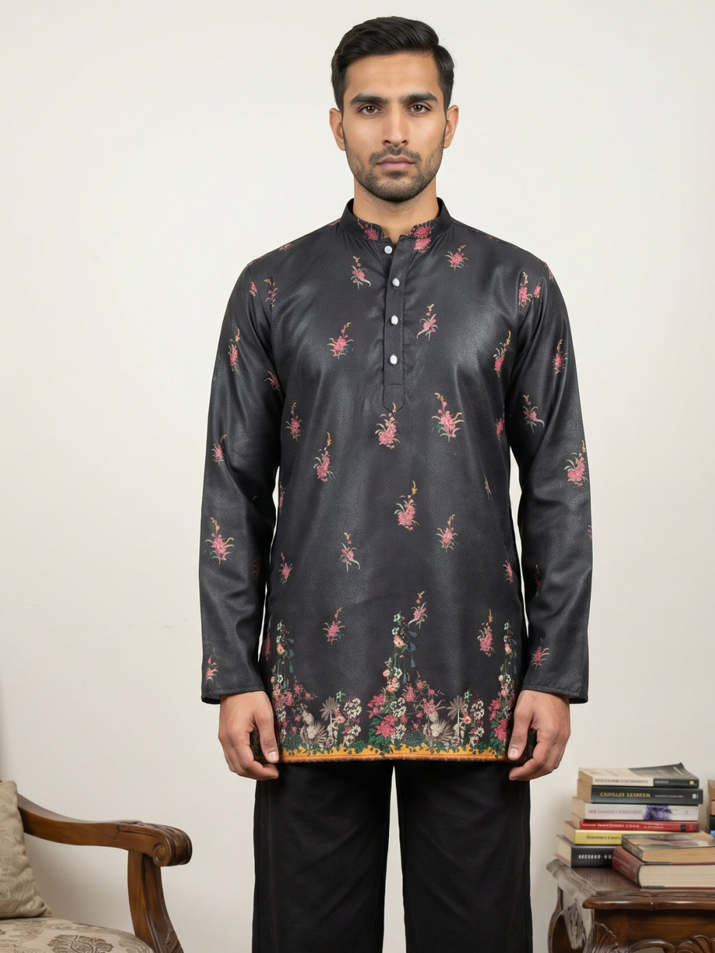 DesiQlo Men Printed Kurta Only - Black - 65KO_5568Black_S