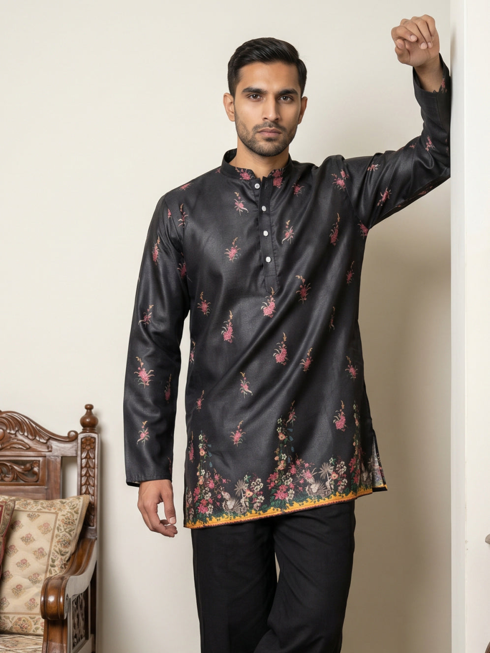 DesiQlo Men Printed Kurta Only - Black - 65KO_5568Black_S