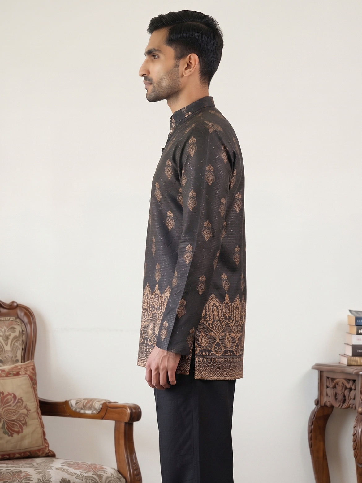 DesiQlo Men Embroidered Kurta Only - Black - 65KO_5569Black_S