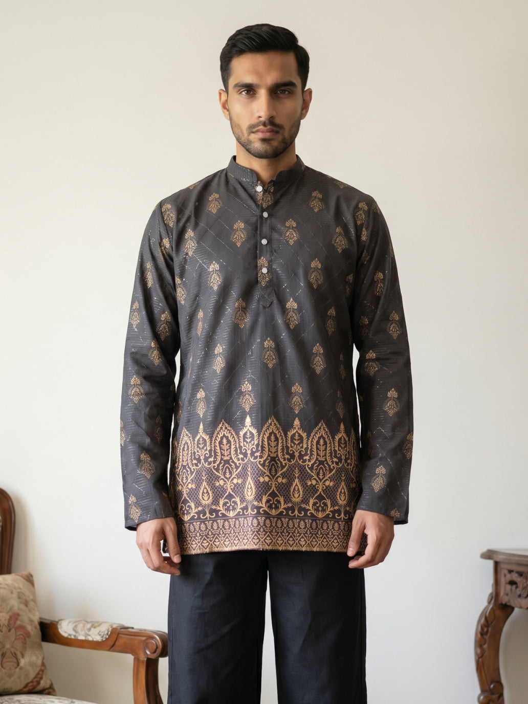 DesiQlo Men Embroidered Kurta Only - Black - 65KO_5569Black_S
