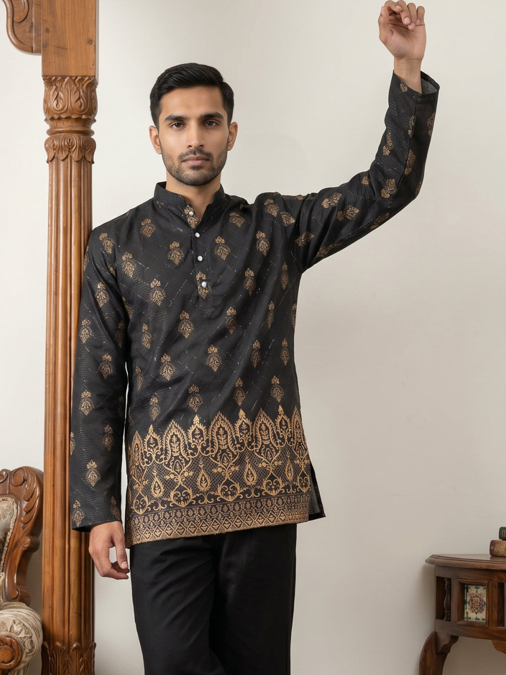DesiQlo Men Embroidered Kurta Only - Black - 65KO_5569Black_S
