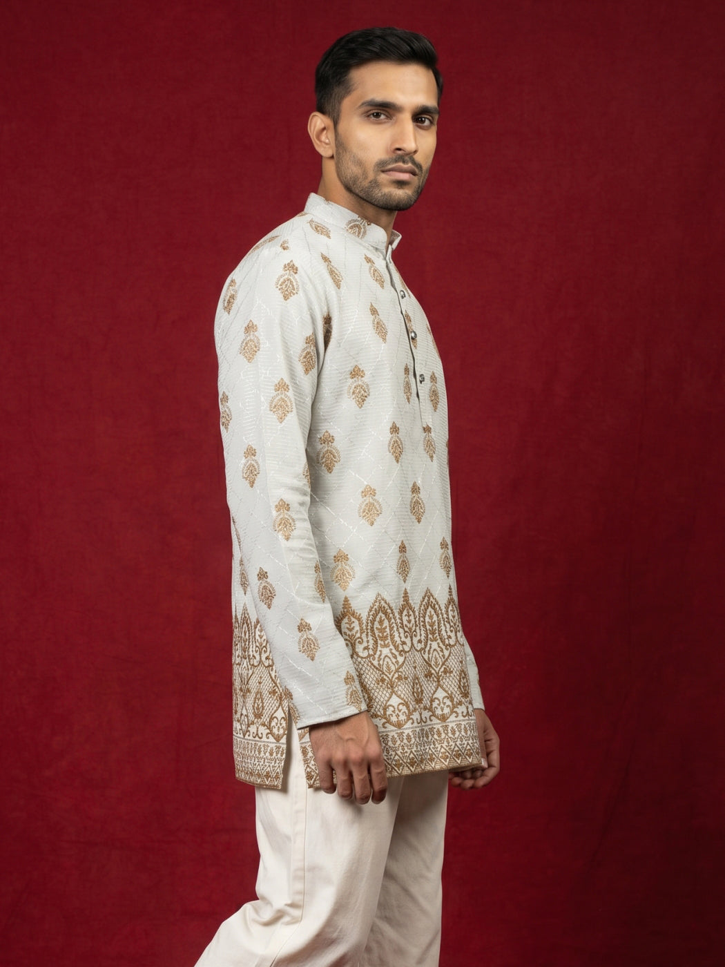 DesiQlo Men Embroidered Kurta Only - White - 65KO_5569White_S