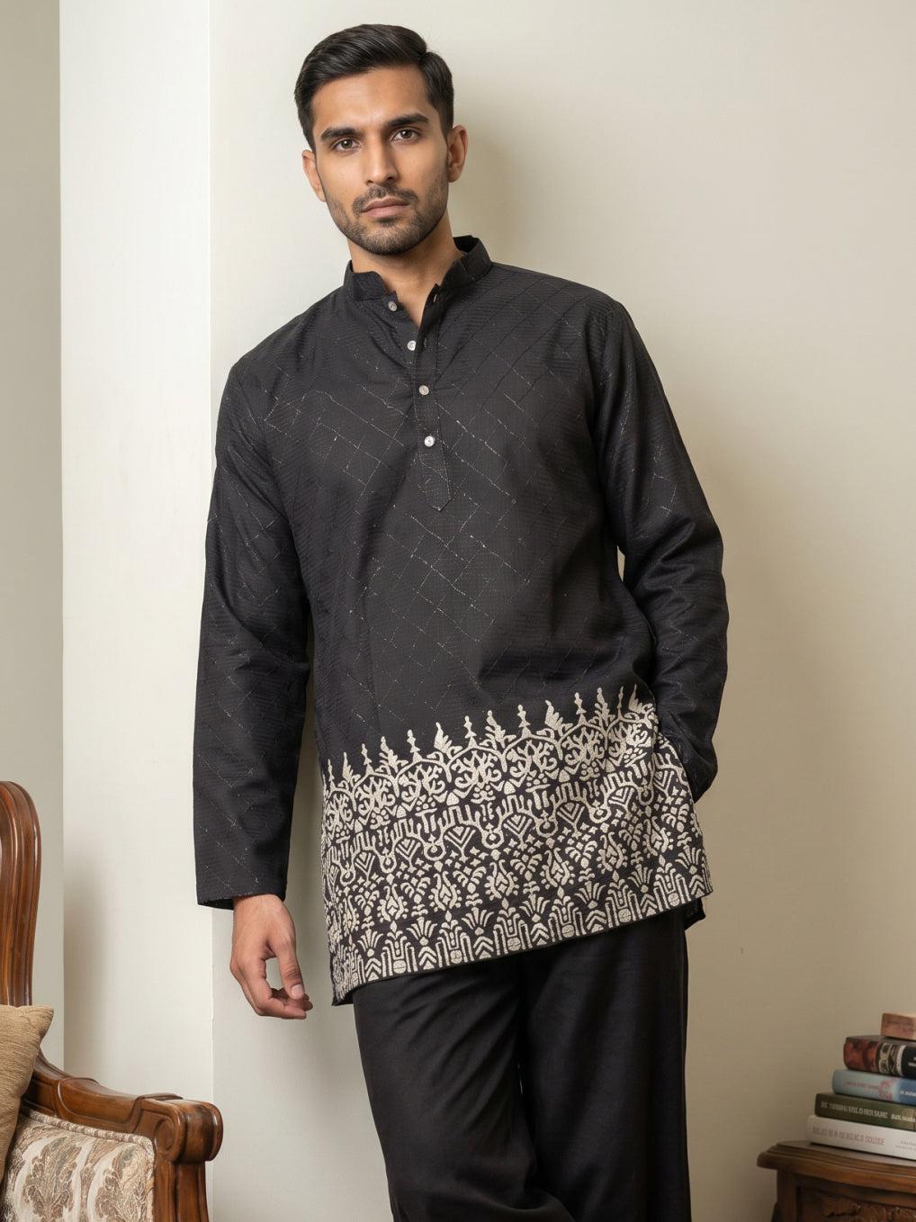 DesiQlo Men Printed Kurta Only - Black - 65KO_5570Black_S