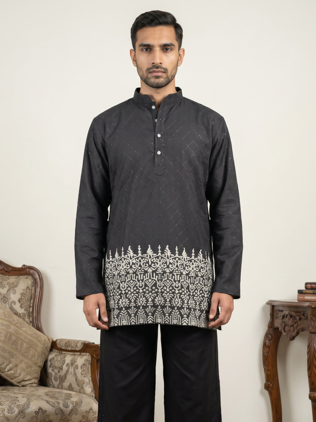 DesiQlo Men Printed Kurta Only - Black - 65KO_5570Black_S