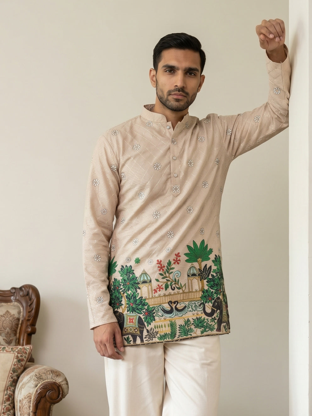 DesiQlo Men Printed Kurta Only - Beige - 65KO_5571Beige_S