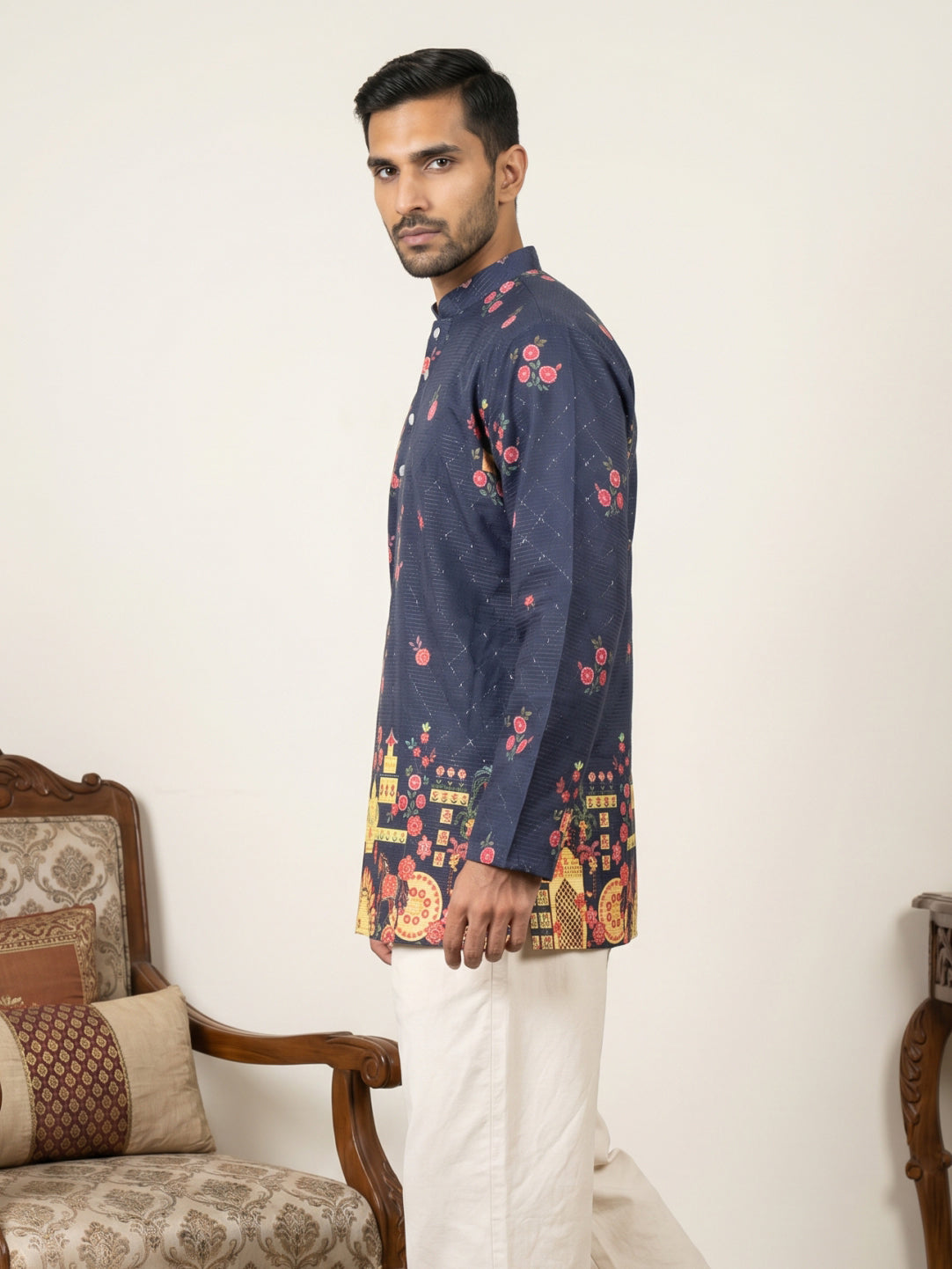 DesiQlo Men Printed Kurta Only - Blue - 65KO_5571Navy_S