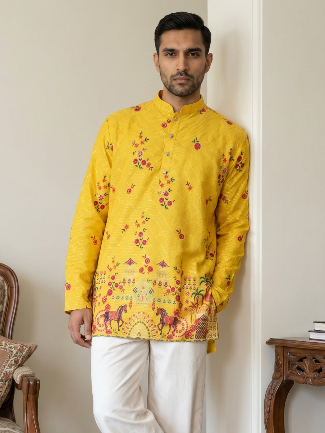 DesiQlo Men Printed Kurta Only - Yellow - 65KO_5571Yellow_S