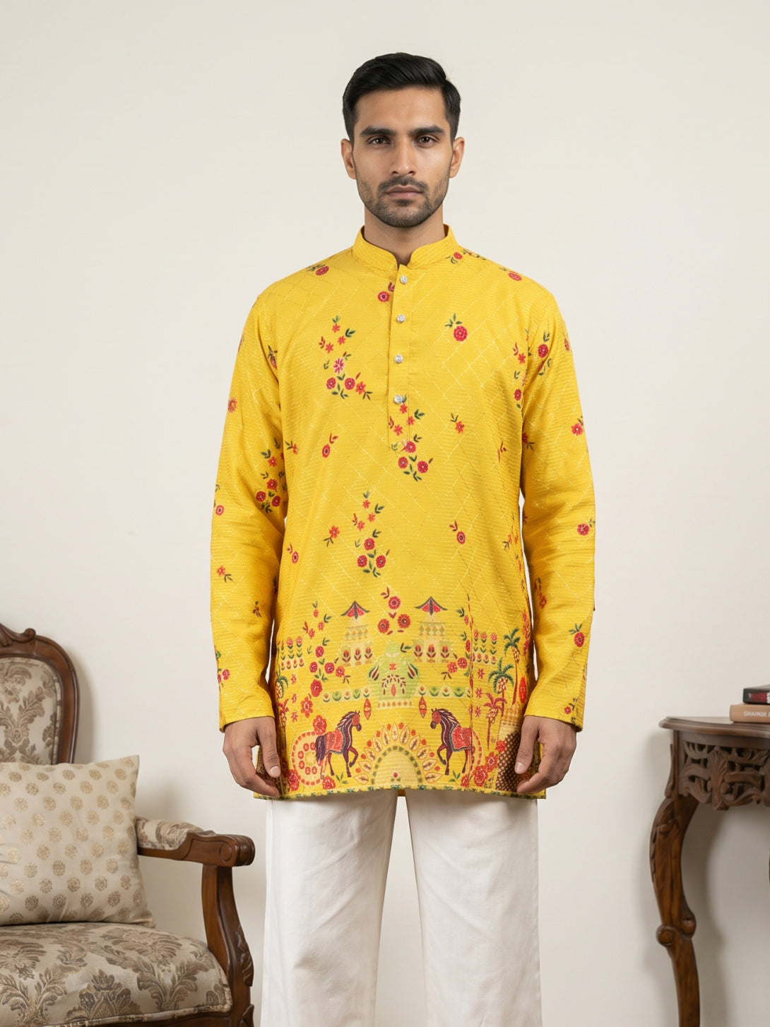 DesiQlo Men Printed Kurta Only - Yellow - 65KO_5571Yellow_S