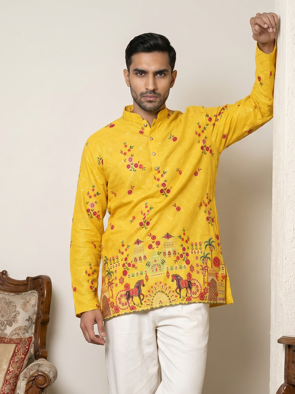 DesiQlo Men Printed Kurta Only - Yellow - 65KO_5571Yellow_S