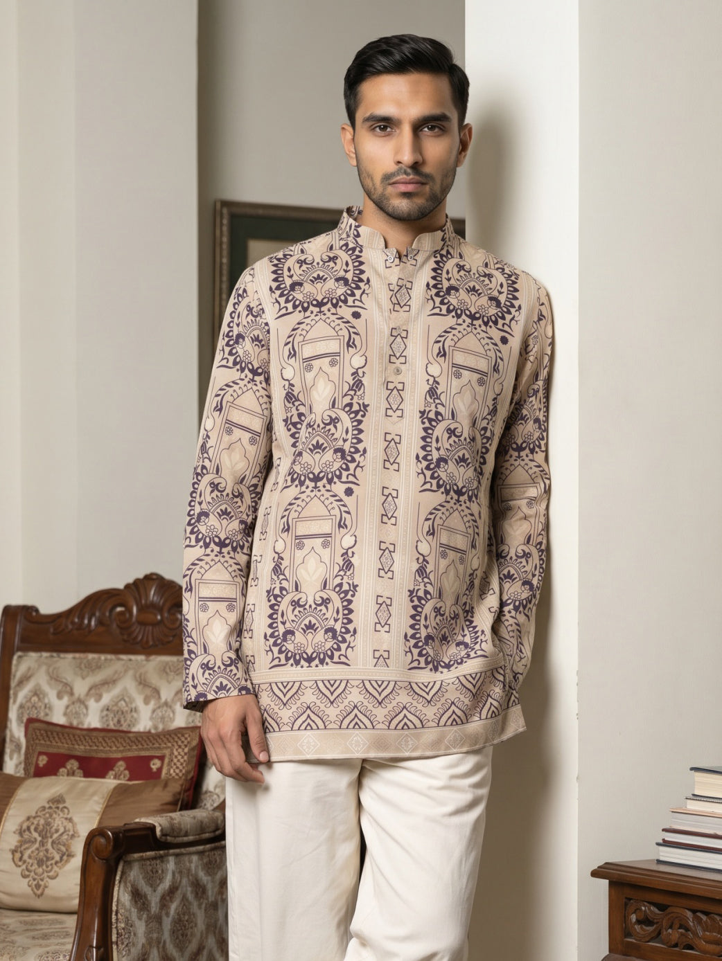 DesiQlo Men Printed Kurta Only - Beige - 65KO_5573Beige_S