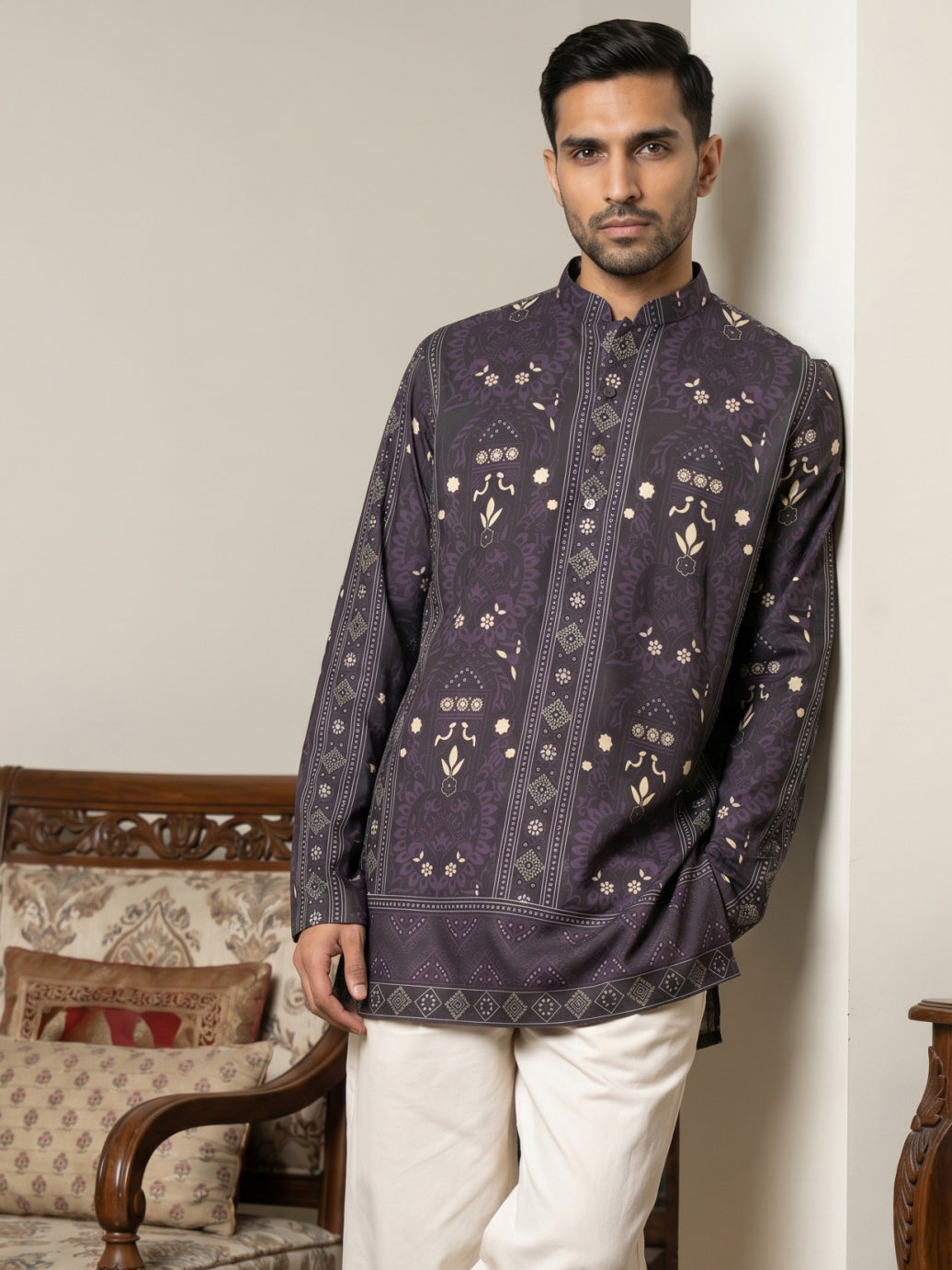 DesiQlo Men Printed Kurta Only - Purple - 65KO_5573Purple_S