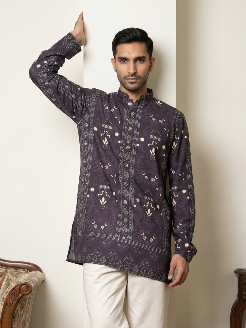 DesiQlo Men Printed Kurta Only - Purple - 65KO_5573Purple_S