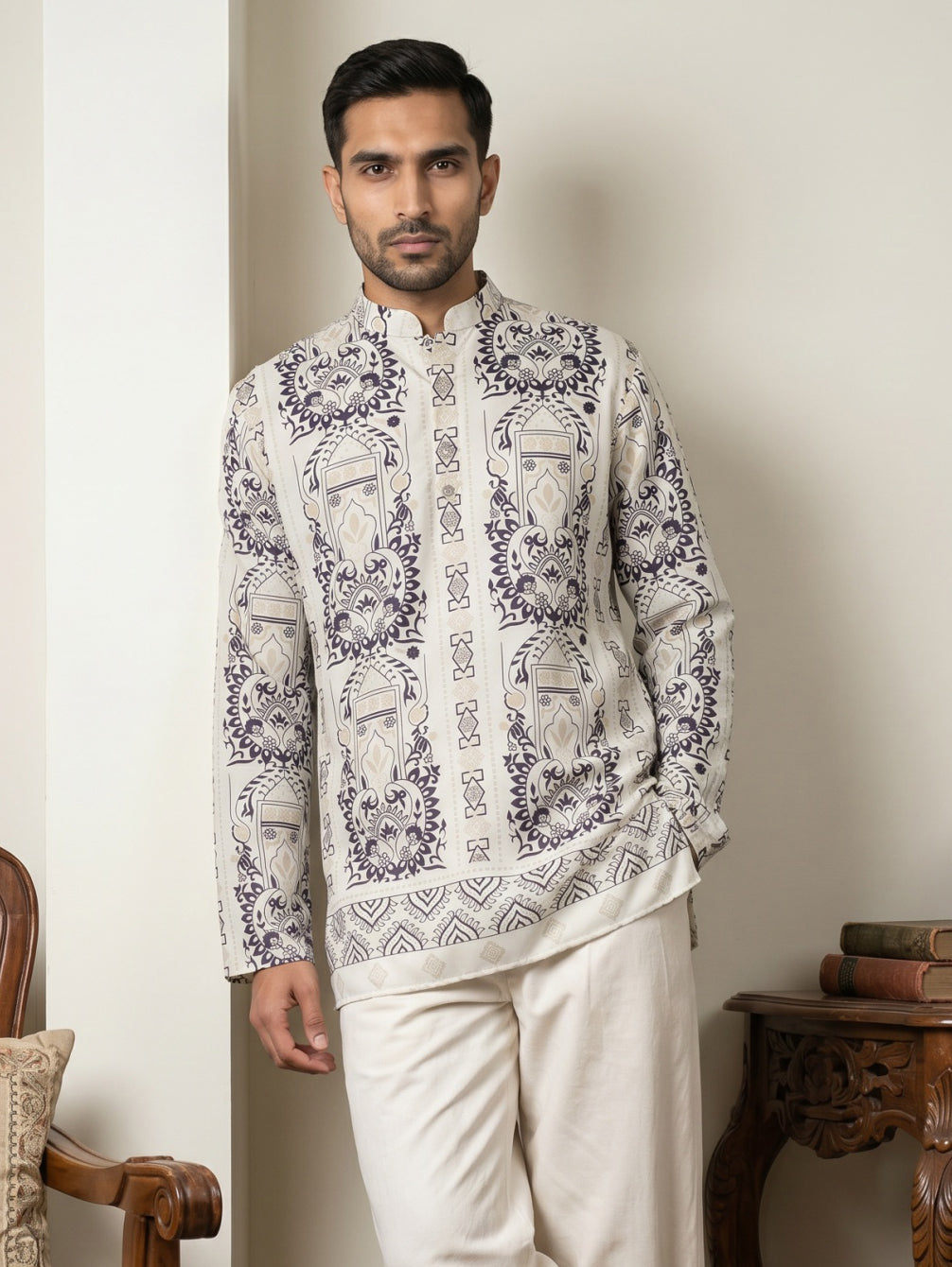 DesiQlo Men Printed Kurta Only - White - 65KO_5573White_S