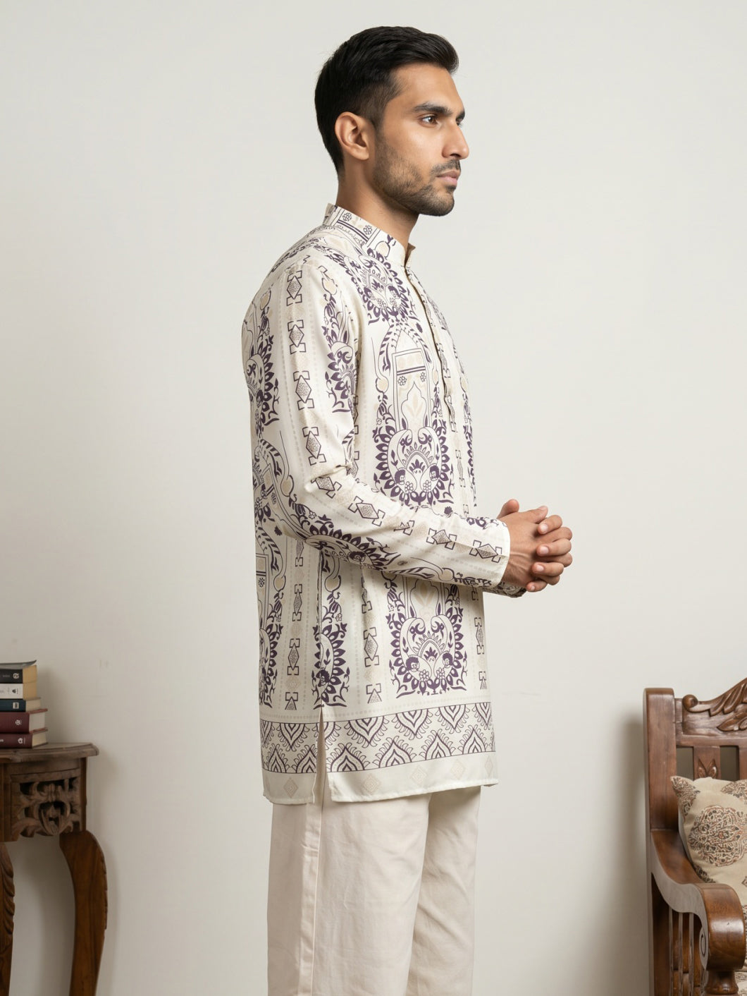 DesiQlo Men Printed Kurta Only - White - 65KO_5573White_S