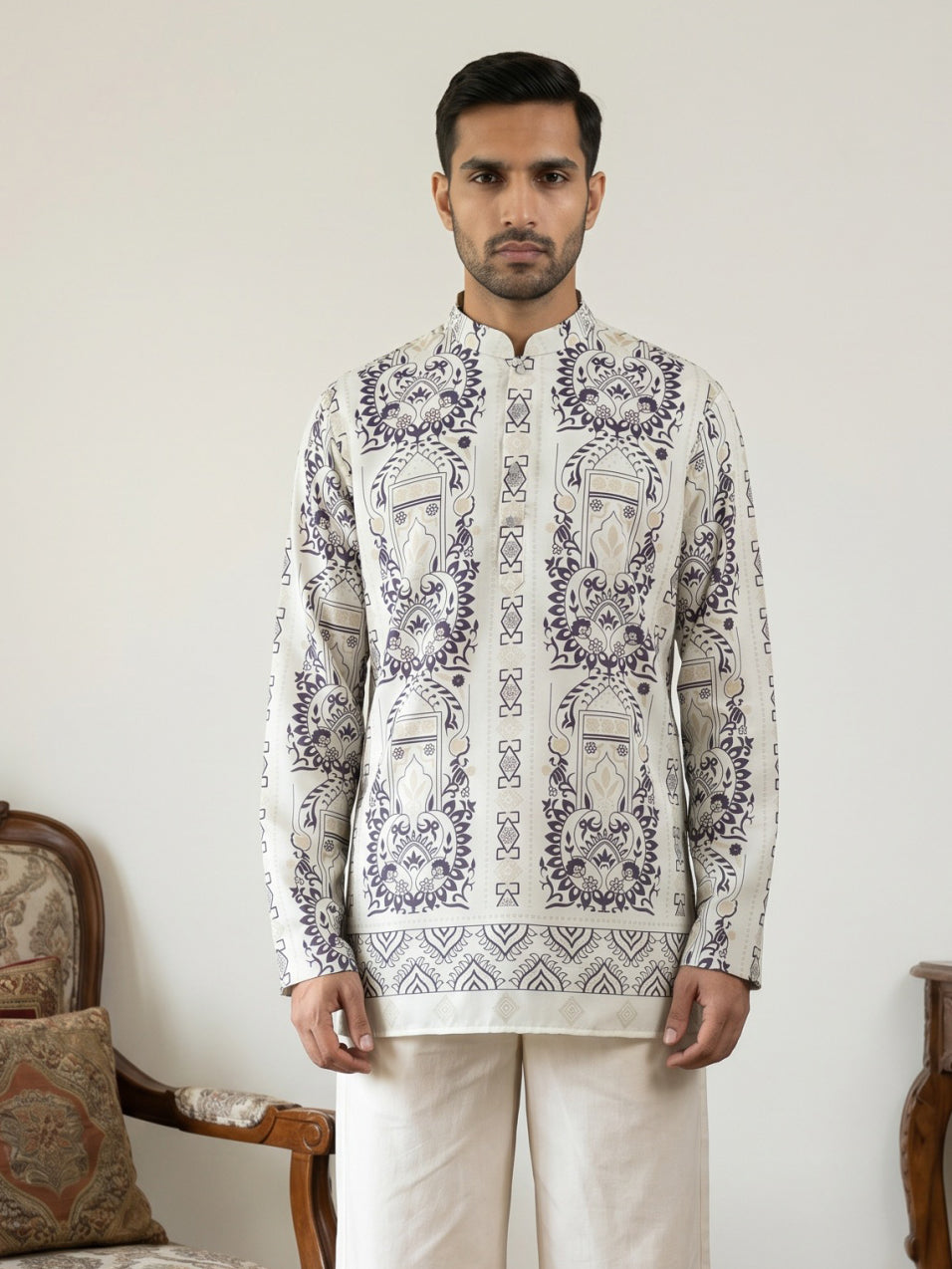 DesiQlo Men Printed Kurta Only - White - 65KO_5573White_S