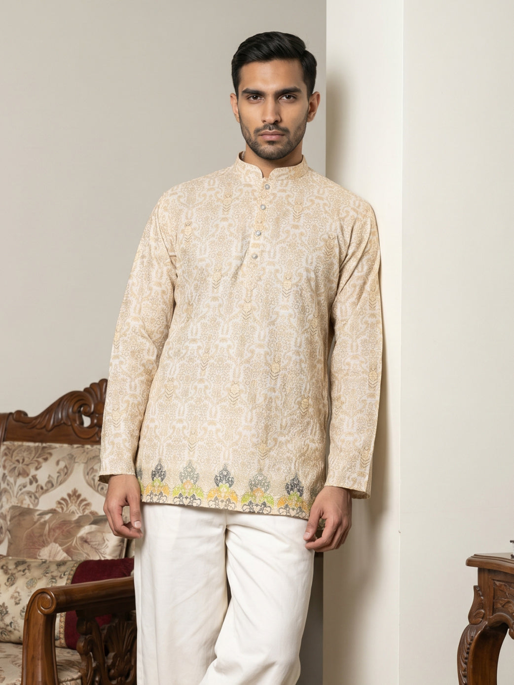 DesiQlo Men Printed Kurta Only - Beige - 65KO_5574Beige_S