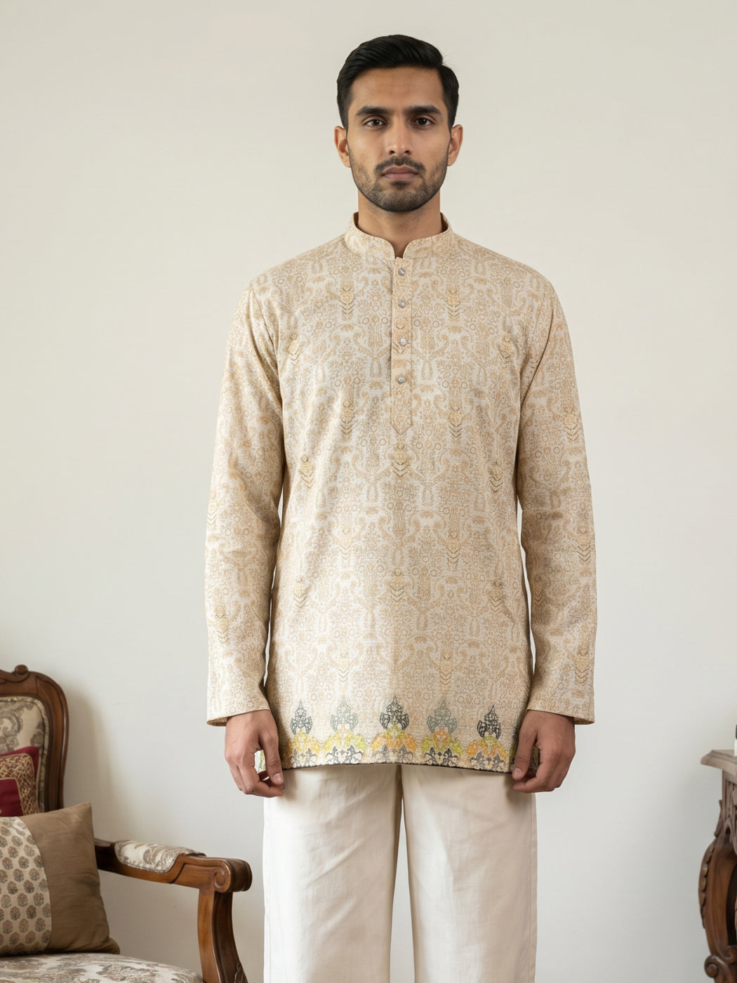 DesiQlo Men Printed Kurta Only - Beige - 65KO_5574Beige_S