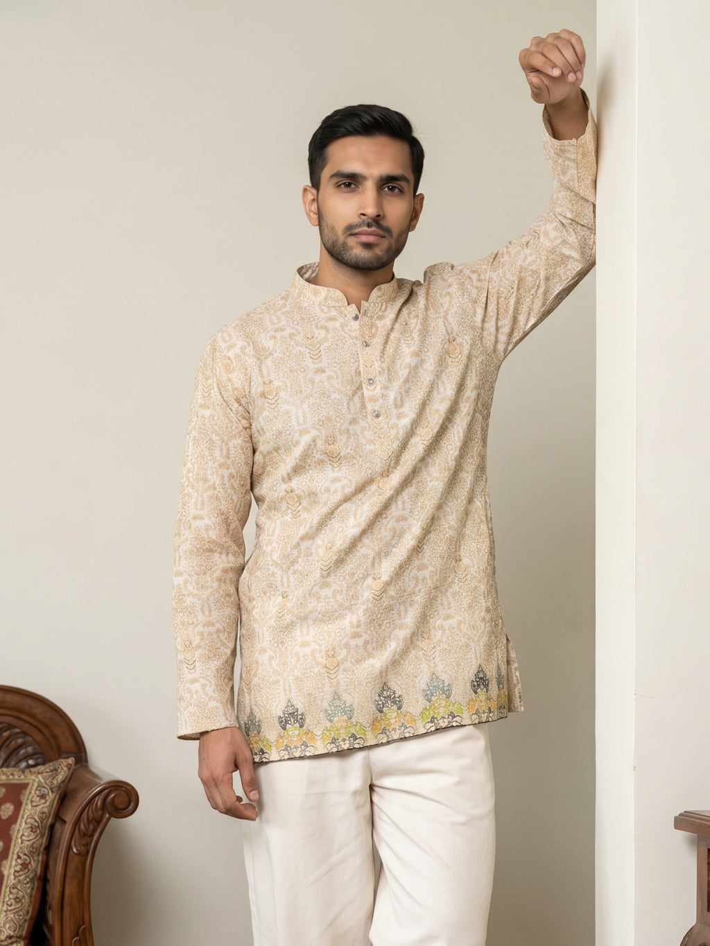 DesiQlo Men Printed Kurta Only - Beige - 65KO_5574Beige_S