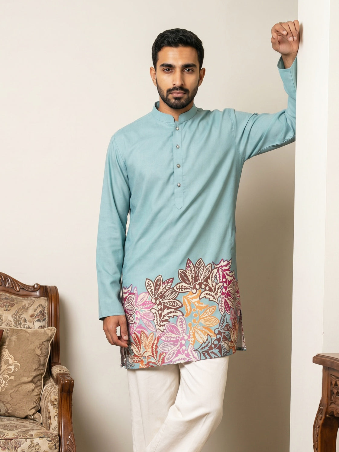 Cotton Floral Printed Kurta for Men ( 65KO 5575Sky )