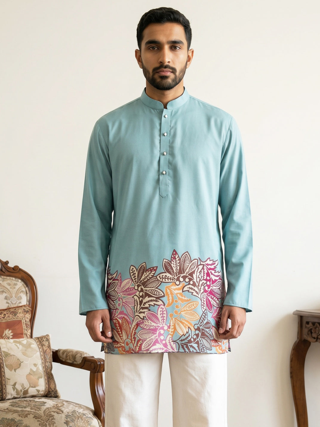 DesiQlo Men Printed Kurta Only - Blue - 65KO_5575Sky_S