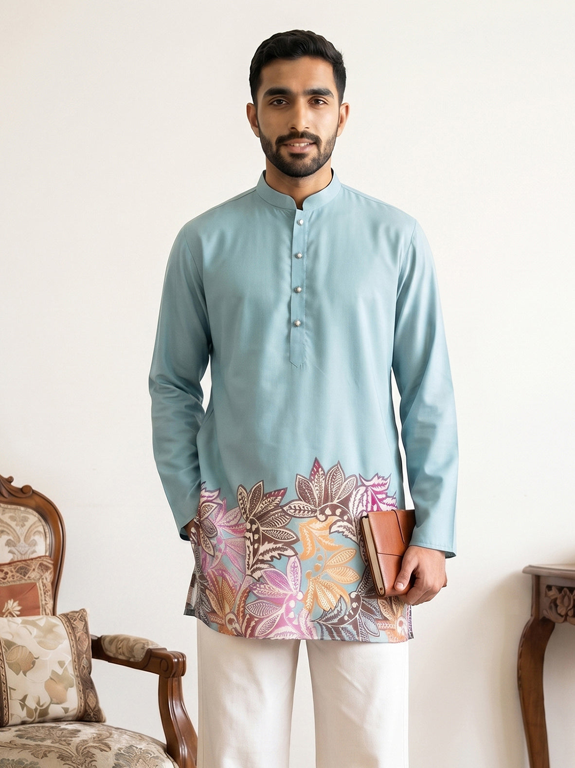 DesiQlo Men Printed Kurta Only - Blue - 65KO_5575Sky_S