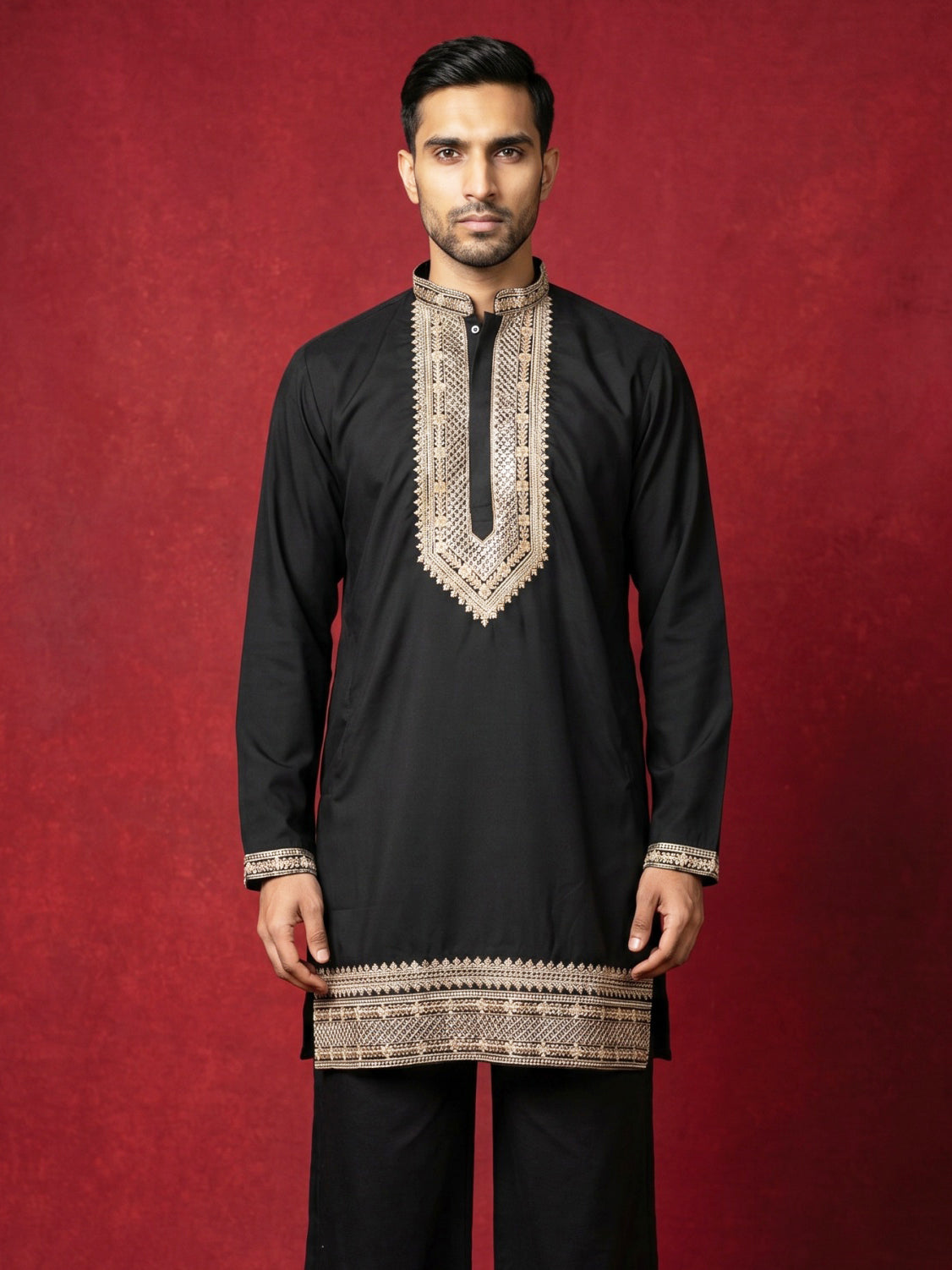 DesiQlo Men Embroidered Kurta Only - Black - 65KO_5576Black_S