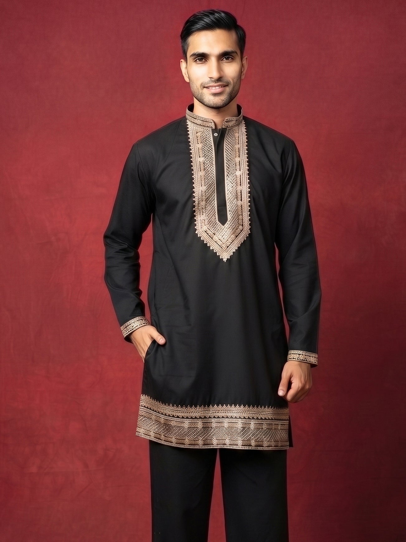 DesiQlo Men Embroidered Kurta Only - Black - 65KO_5576Black_S