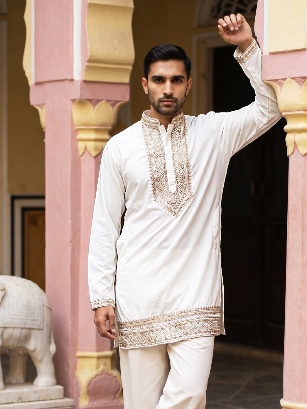 DesiQlo Men Embroidered Kurta Only - White - 65KO_5576White_S