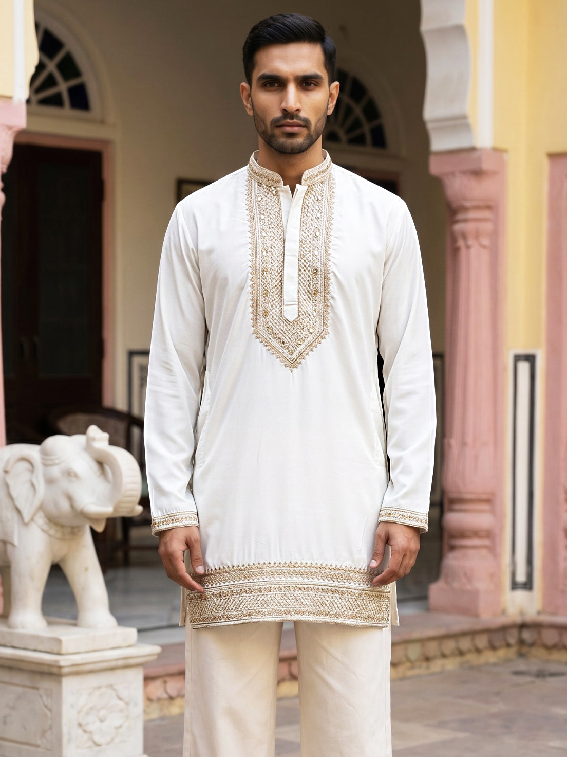 DesiQlo Men Embroidered Kurta Only - White - 65KO_5576White_S