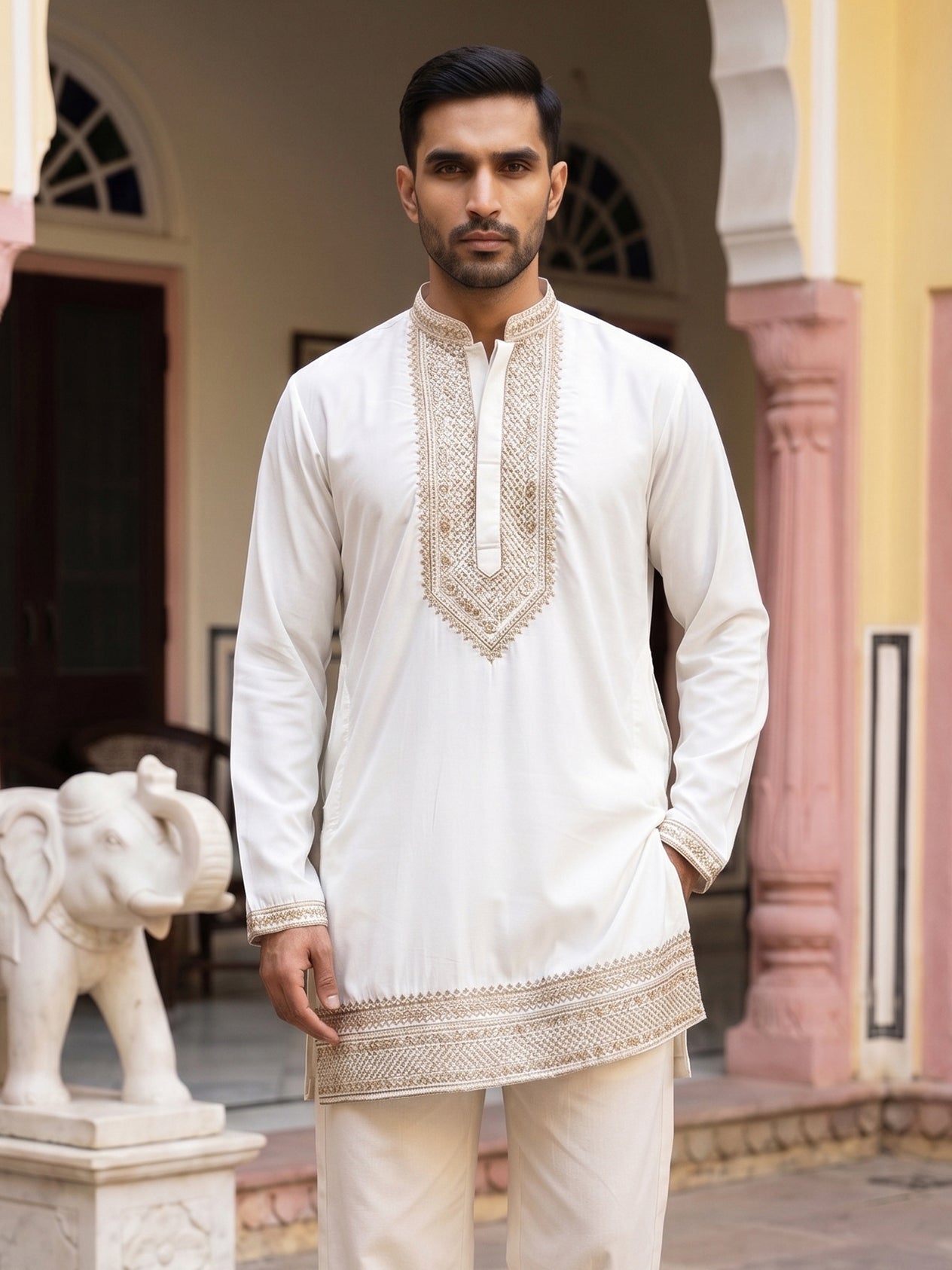 DesiQlo Men Embroidered Kurta Only - White - 65KO_5576White_S