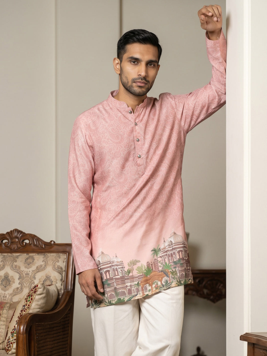 Men's Cotton Blend Ethnic Printed Kurta ( 65KO 5577Peach ) [FF] [G-10]