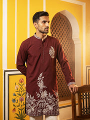 Men's Japanese Fabric Botanical Embroidered Kurta ( 65KO 5578Maroon ) [FF] [G-4]